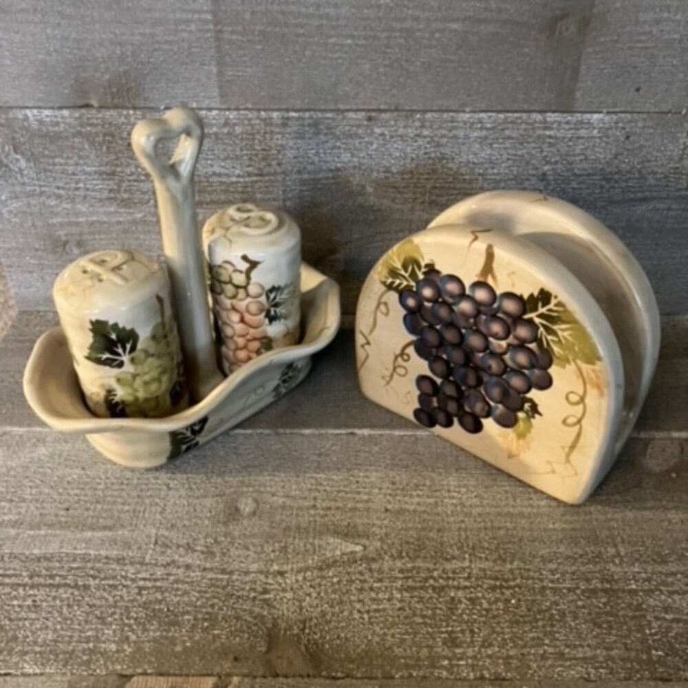 Cabernet hand painted salt and pepper cady with napkin holder